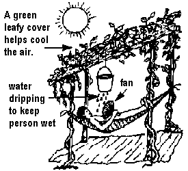 A green leafy cover helps cool the air, and a water dripping to keep person wet.