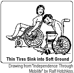 Thin tires sink into soft ground.