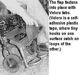 The flap fastens into place with Velcro tabs. (Velcro is a self-adhesive plastic tape, where tiny hooks on one surface catch on loops of the other.)