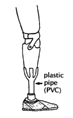 With the knee straight (Plastic pipe leg with foot.)