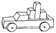 A toy truck loaded with brightly colored blocks of different heights.