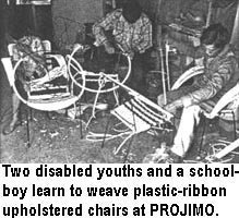 Two disabled youths and a schoolboy learn to weave plastic-ribbon upholstered chairs at PROJIMO.